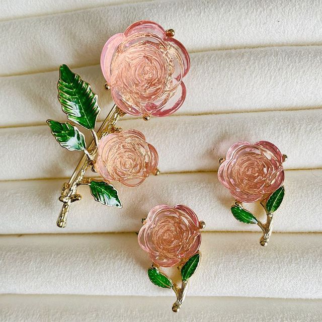 Creative Pink Translucent Rose Flower Brooch Earrings for Women Jewelry Set  Sweet Flower Pins Fresh Plant Coat Accessories - AliExpress